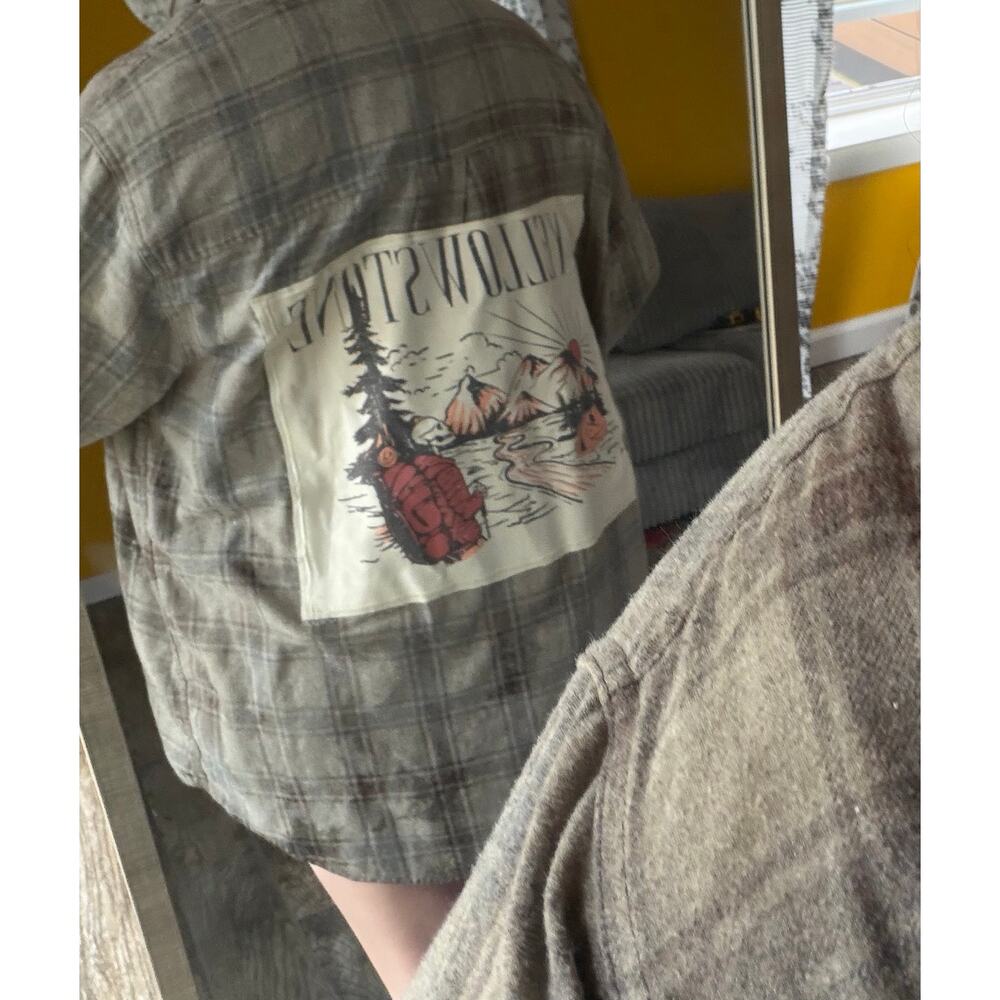 Yellow stone park upcycled custom flannel shirt graphic tee on back bespoke